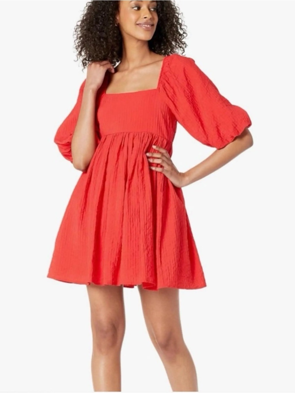 Moon River Coral-Red Square Neck Puff Sleeve Mini Dress